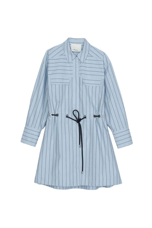 Light blue striped shirt dress with navy rope belt at waist on a white background