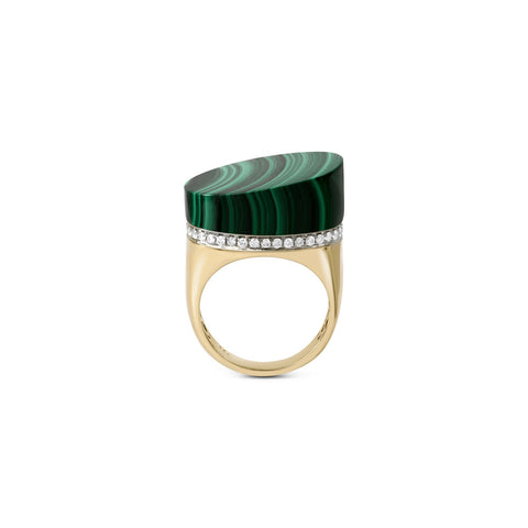 Gold ring with an asymmetrical malachite stone and diamond accents on a white background