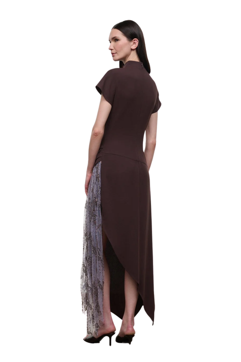 A woman modeling a dark brown high-neck, short-sleeved dress with a sheer, patterned tulle side panel, shown from a rear three-quarter angle against a plain white background.