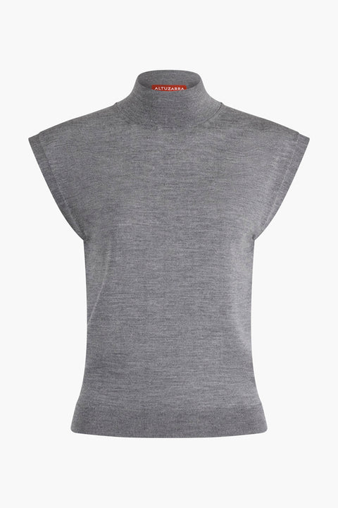 Grey silk and merino blend sweater top with turtleneck and cap sleeves.
