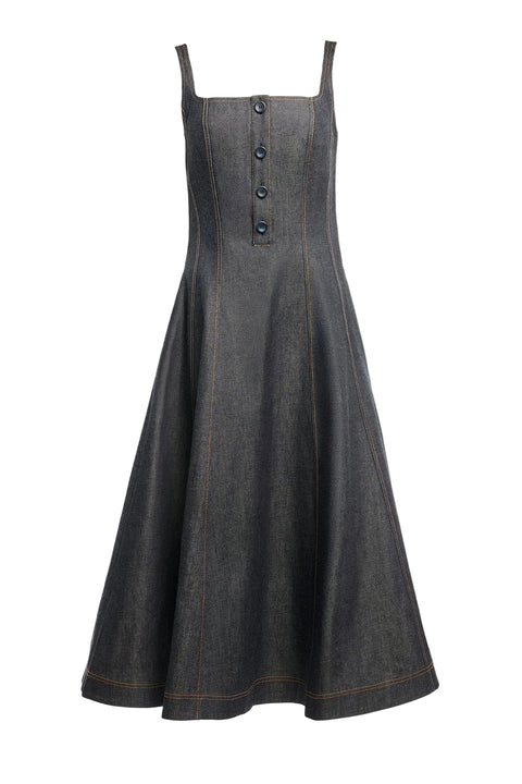 Dark denim midi dress with button details and sqaure neck on a white background