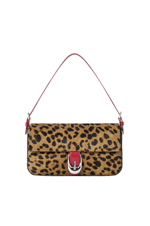 A leopard print shoulder bag with a red strap and a red closure, shown against a plain white background.