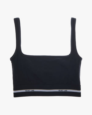 Ghost image of the square neck logo trim bra in black.