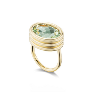 Gold ring with a green gemstone on a white background