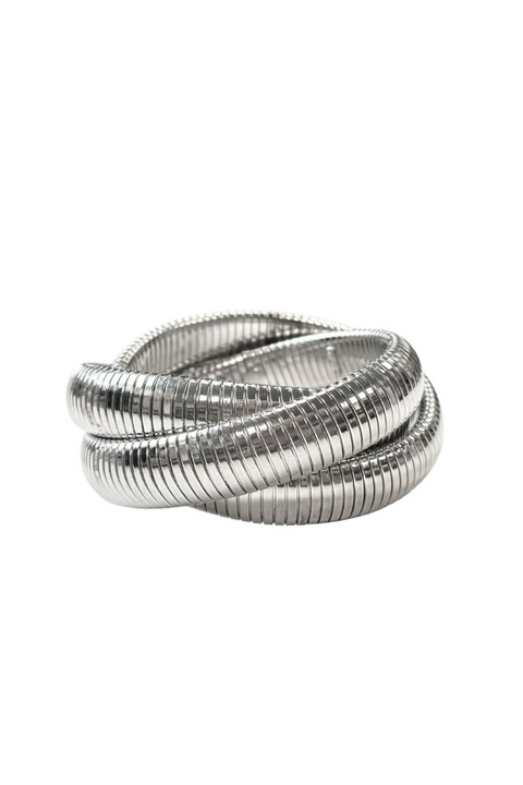 Silver coil interlocked bracelets.