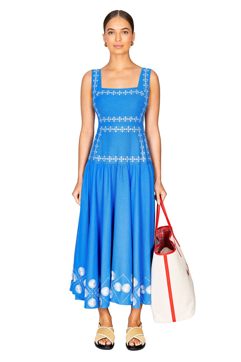 Model styled wearing the blue cotton midi dress.