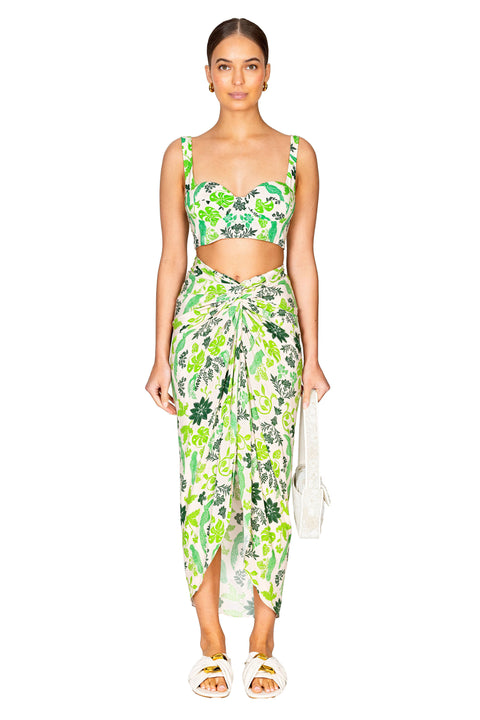 Model styled in the tulia crop top in green print with matching skirt.