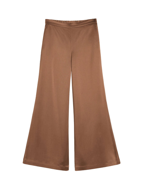 Brown satin wide-leg pants on a white background