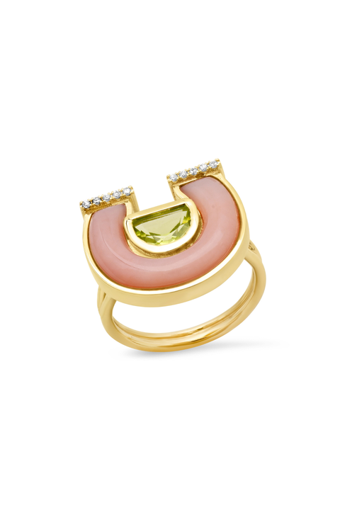 Peridot, Pink Opal and Diamond Horseshoe Ring