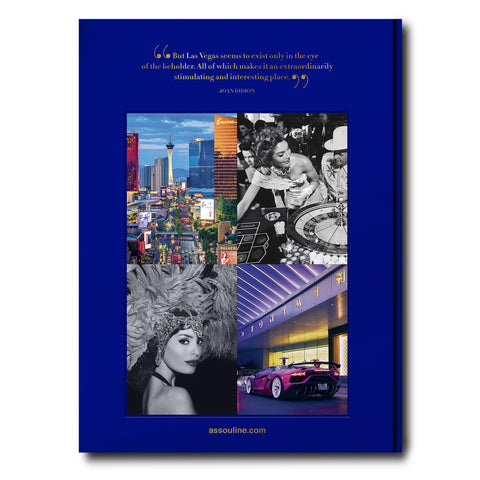 Back of Las Vegas book with quote in gold and four pictures.