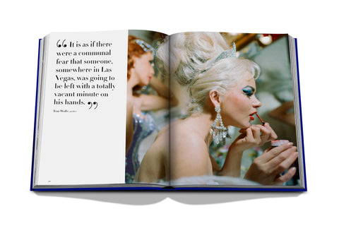 Inside pages of Vegas book with quote and image of woman putting on makeup.