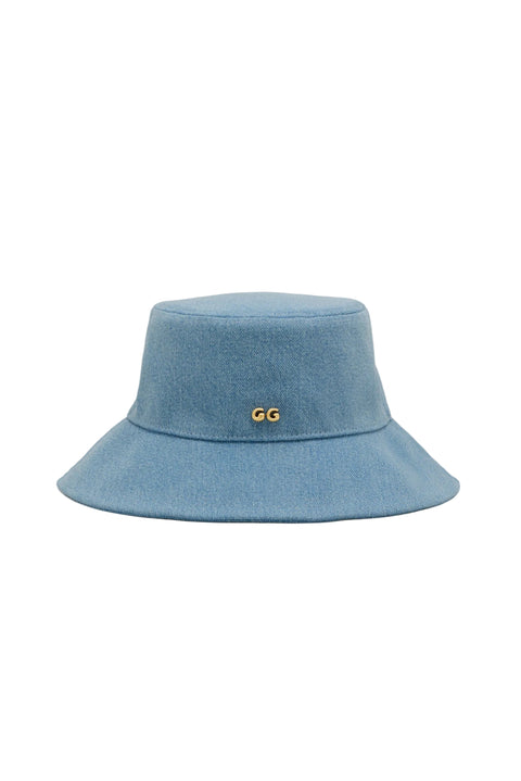 Blue bucket hat with 'GG' logo on a light gray background