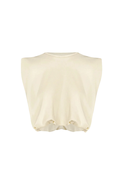 A cream-colored sleeveless top with a wide, draped silhouette and a crew neckline, shown against a plain white background.