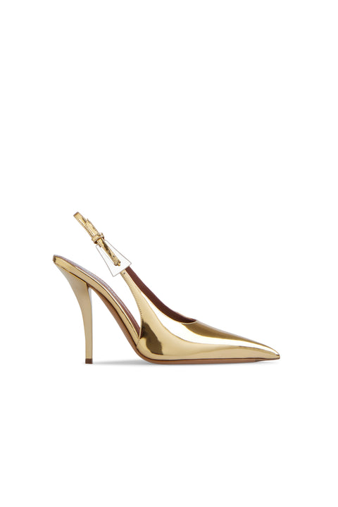 Gold high-heeled shoe on a white background