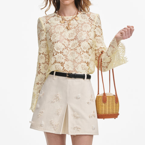 Cream Denim Beaded Floral Mini Skirt