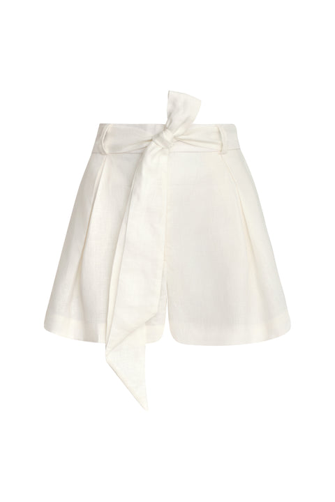 White linen shorts with linen belt.