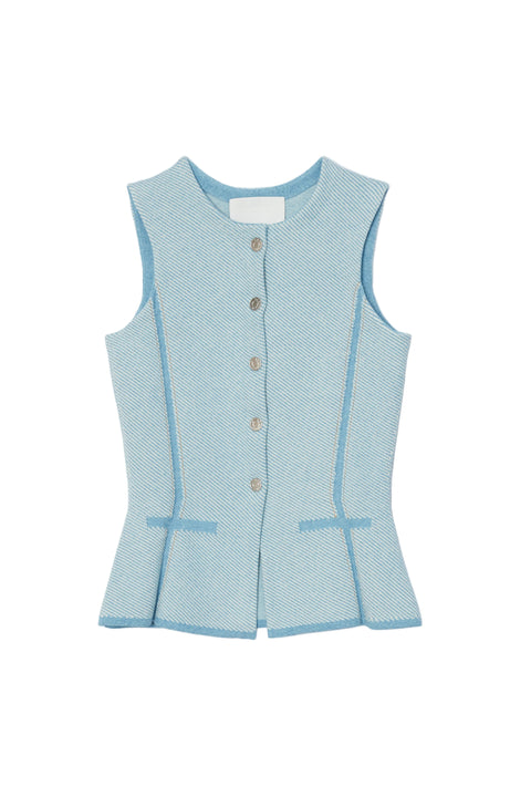 Denim Effect Crew Neck Button Up Vest