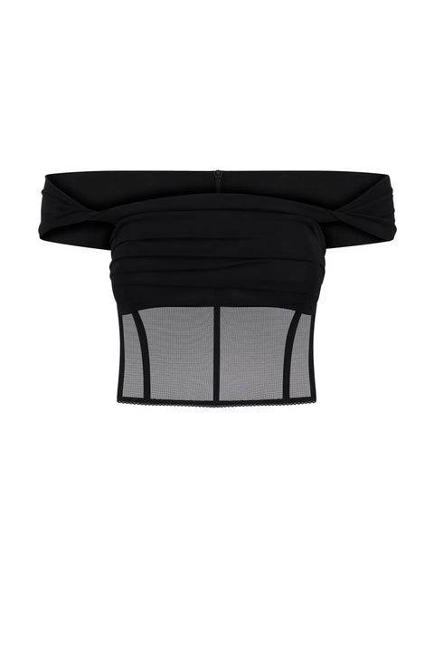 Flat lay of black off-the-shoulder mesh corset top