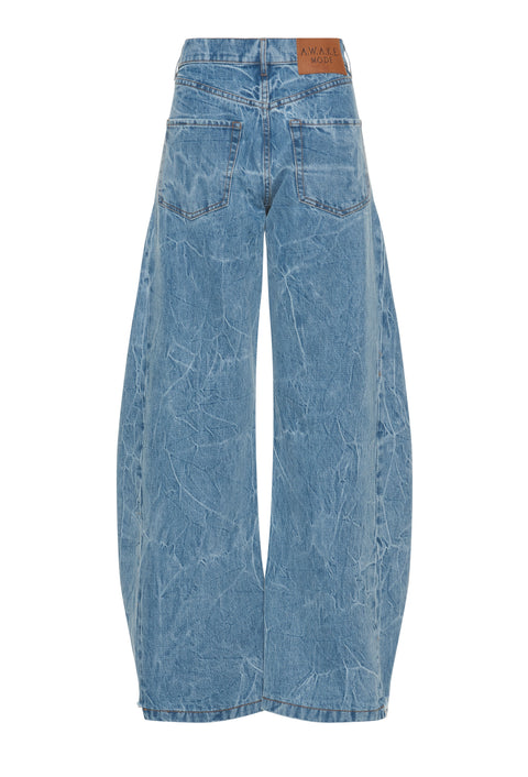Flat lay of back of denim balloon pants