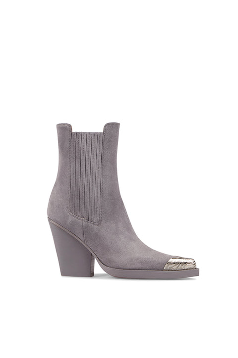 Gray ankle boot with metallic toe on a white background