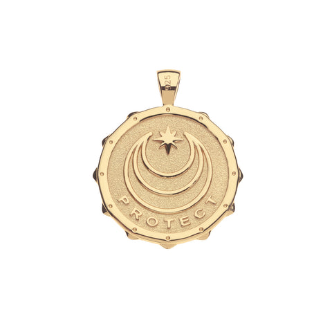 Gold pendant with a design and the word 'PROTECT' on a white background