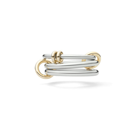 Ghost image of a Spinelli Kilcollin Raneth ring that features a 1.7mm sterling silver band with two 18k yellow gold annulets, and two 2.3mm sterling silver bands, all connected by two 18k yellow gold connectors.