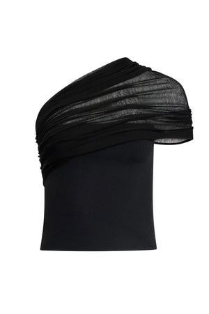 Black one-shoulder top with sheer detailing on a white background.