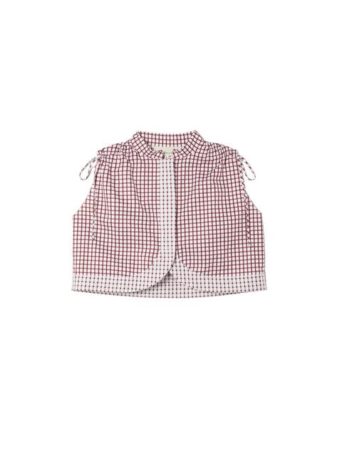 Red and white checkered blouse with ties at the shoulder on a white background