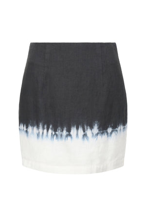 Ghost image of a black and white dip dye pattern linen mini skirt.