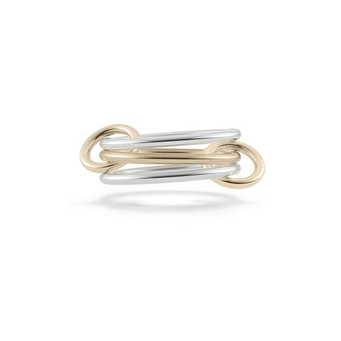 Ghost image of a Spinelli Kilcollin Solarium ring that features two 1.7mm sterling silver bands and one 1.7mm 18k yellow gold band connected by two 18k yellow gold connectors.
