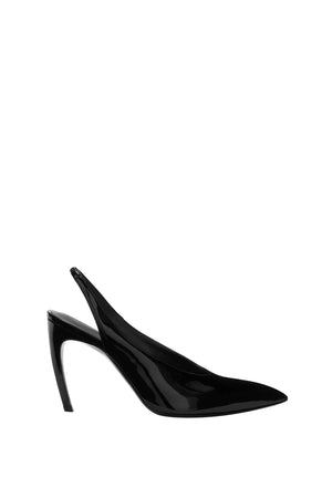 Side profile of a black, patent leather slingback heel that features a curved heel design.