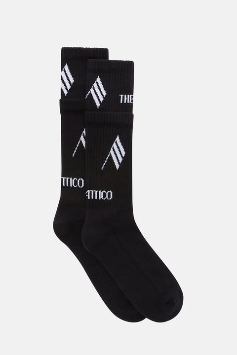 Black double layered crew socks with white 'Attico' logo.