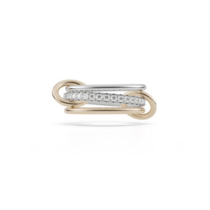 Ghost image of a Spinelli Kilcollin Tigris ring that features two 1.mm sterling silver bands, one with pave white diamonds, and a 1.7mm 18k yellow gold band, all connected by two 18k yellow gold connectors.