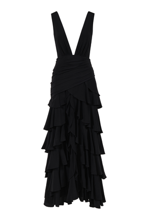 A black sleeveless maxi dress with a deep v-neck and a tiered skirt silhouette