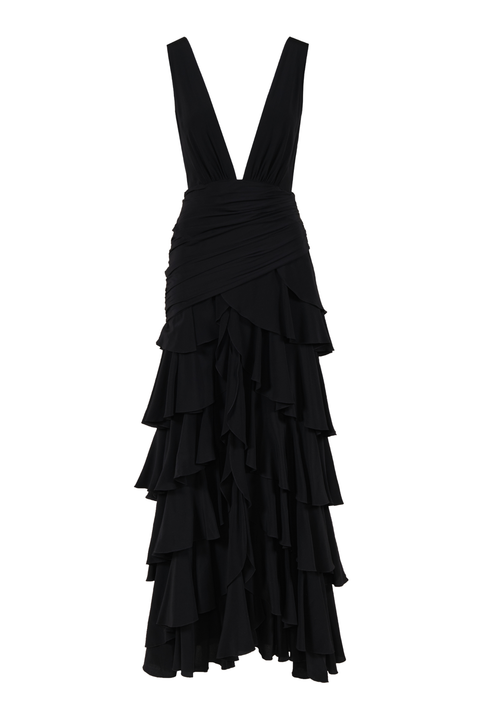 A black sleeveless maxi dress with a deep v-neck and a tiered skirt silhouette