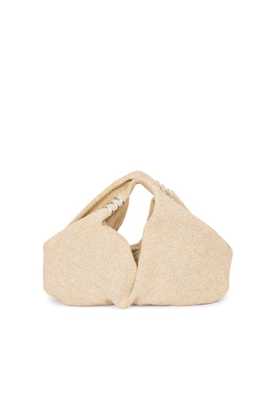 Beige woven handbag on a white background