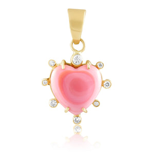 Pink heart-shaped pendant with gold frame and clear stones on a white background