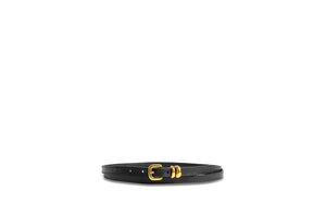 Black leather belt with gold buckles on a white background