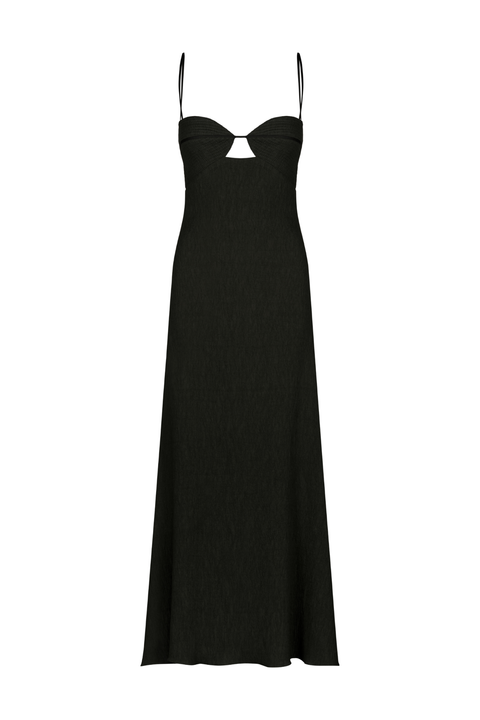 A black ankle-length dress with a sweetheart neckline and spaghetti straps