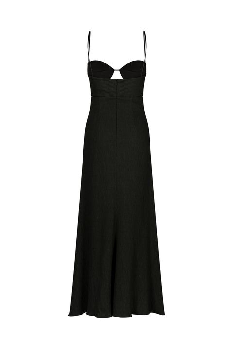 A black ankle-length dress with a sweetheart neckline and spaghetti straps