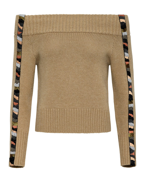 Brown sweater with colorful embroidered striped stripes on the sleeves on a white background