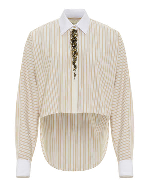 Beige striped shirt with a white collar and cuffs on a white background