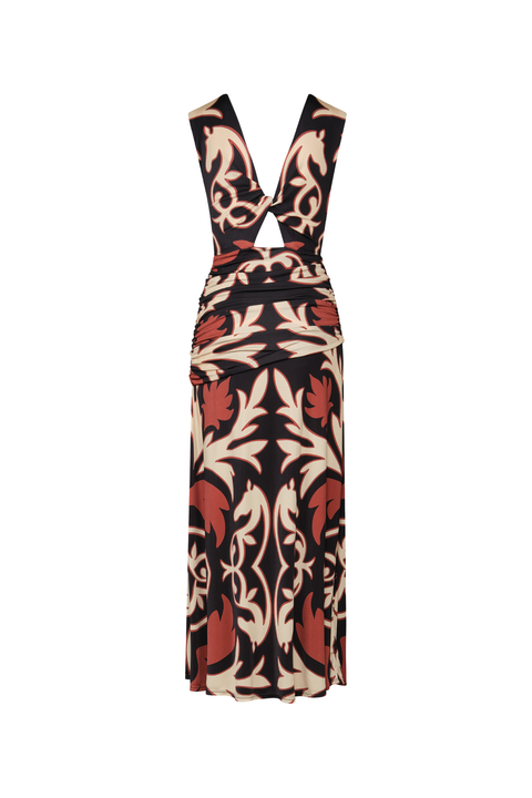 A black, cream, and red patterned midi dress with a reversible deep v or boat neckline