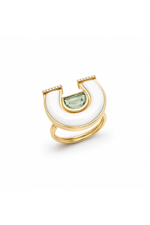 Prasolite, White Mother Of Pearl And Diamond Horseshoe Ring