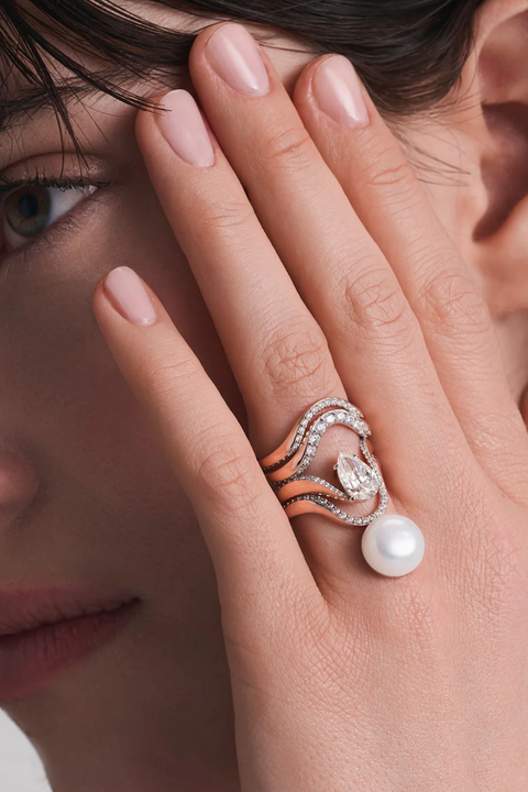 Half Pavé & Freshwater Pearl Aura Ring