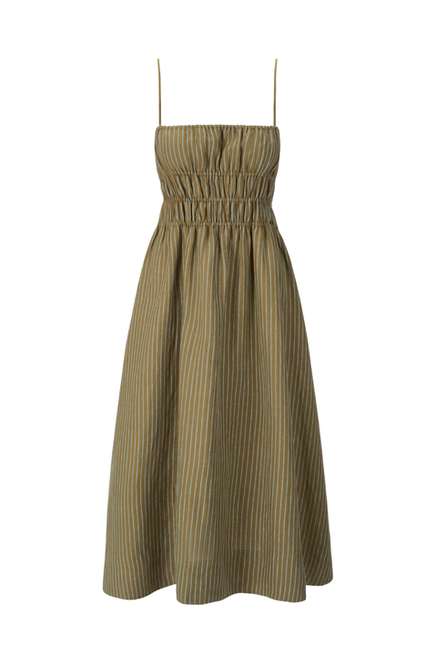A sleeveless midi dress with thin spaghetti straps, a smocked bodice, and a gathered A-line skirt, featuring a vertical pinstripe pattern in olive green and beige on a white background.
