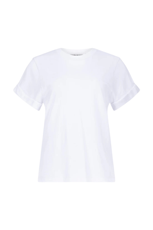 A classic white t-shirt with cuffed sleeves on a white background