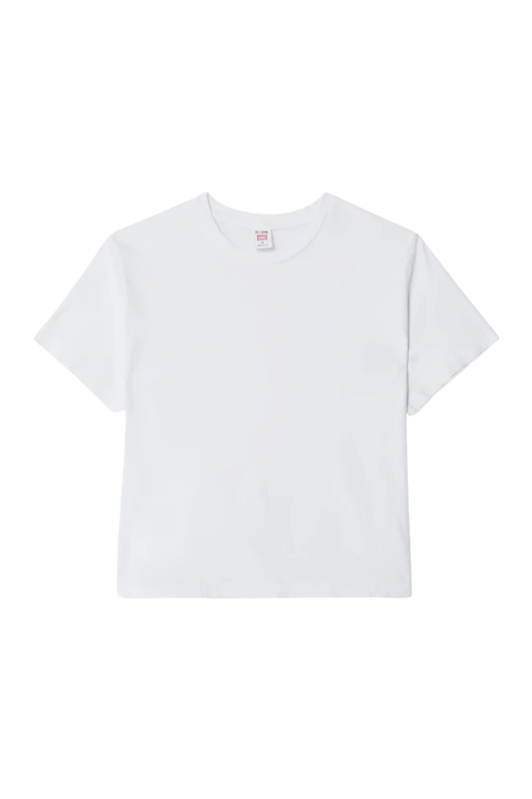 A plain white short-sleeve crewneck t-shirt laid flat against a solid white background.
