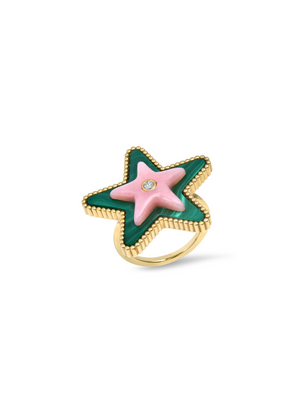 Mega Star Power Malachite, Pink Opal And Diamond Star Ring