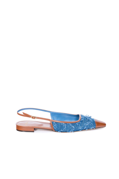 Blue denim flat sandal with brown sole and toe on a white background